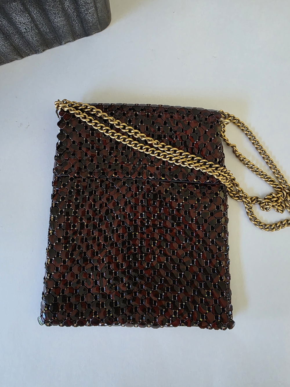Vintage Whiting & Davis Red Brown Tortoise Enameled Metal Mesh Shoulder Bag - Picture 9 of 11